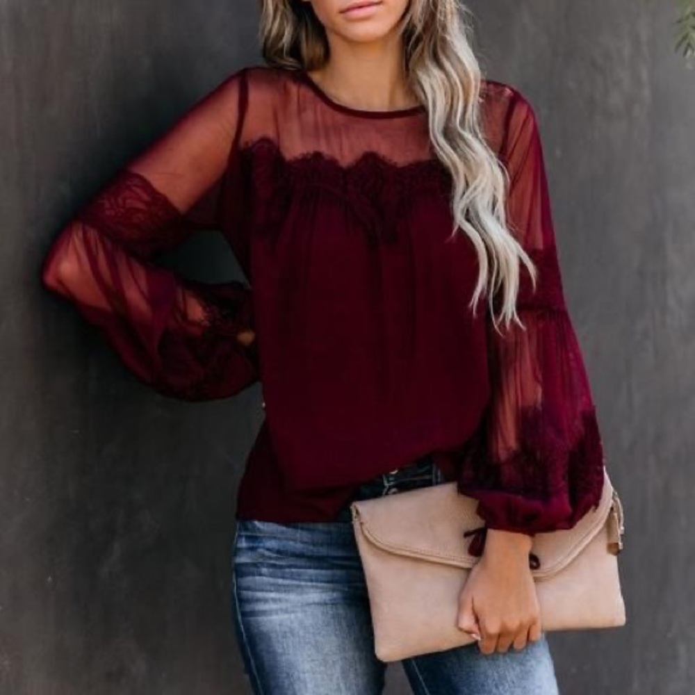 Sheer Lace Yoke Long-Sleeve Blouse - Burgundy